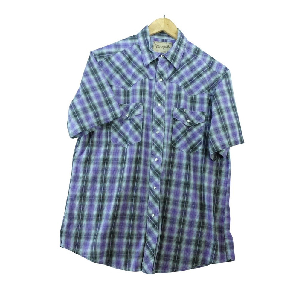 Wrangler Western Pearl Snap Shirt Mens L Purple Plaid Short Sleeve Cowboy Work